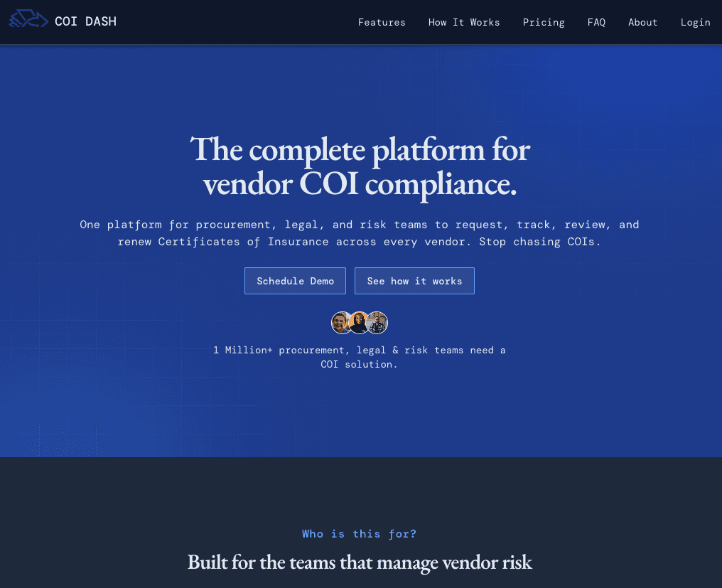 The COI Dash home page: the complete platform for vendor COI compliance, built for procurement, legal, and risk teams